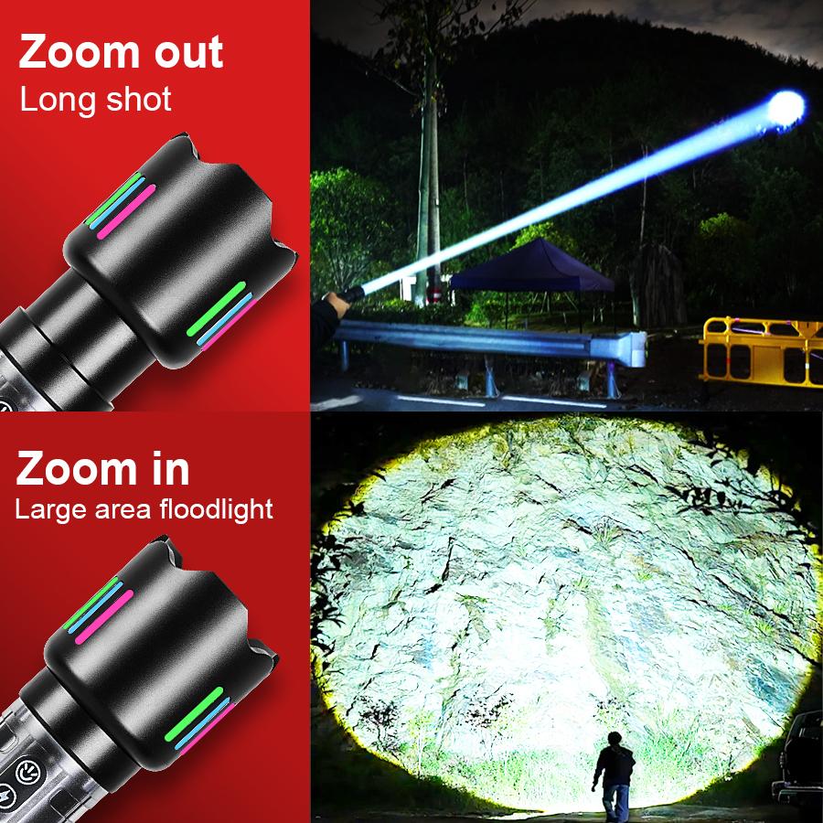 High Power Rechargeable LED Flashlight 90000LM Super Bright 30W LED Torch Light With COB Lights Built-in Battery Camping Lamp