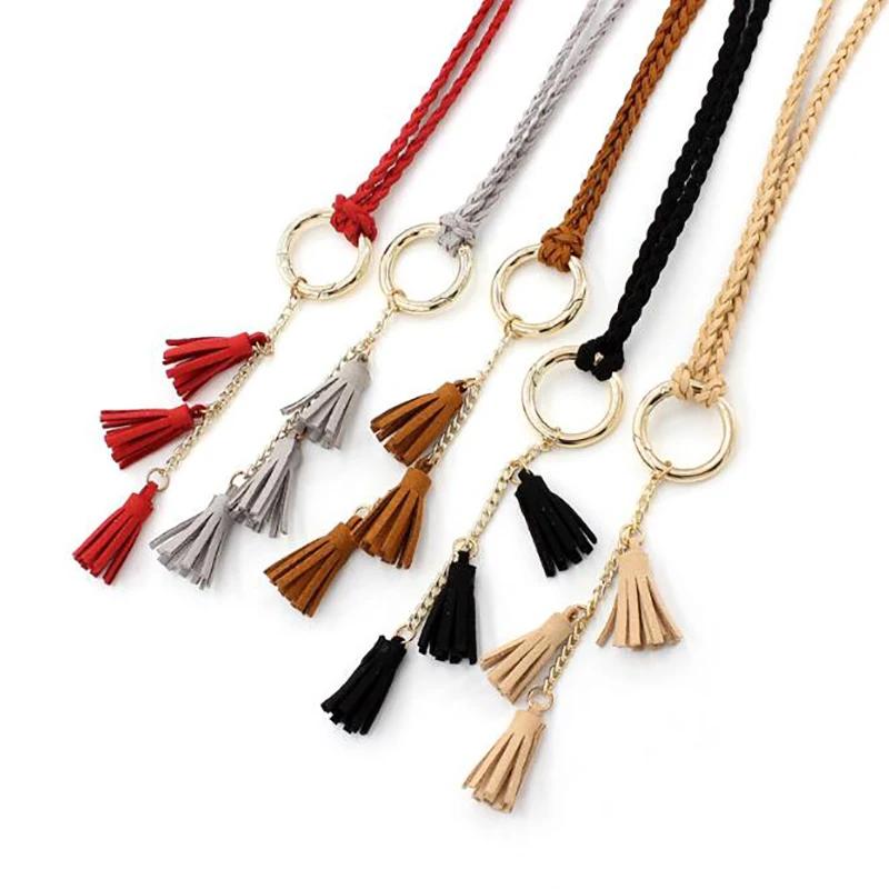 Fashion Women Solid Color Braided Tassel Belt 2024 New Boho Girls Thin Waist Rope Knit Belts for Dress Waistbands Accessories