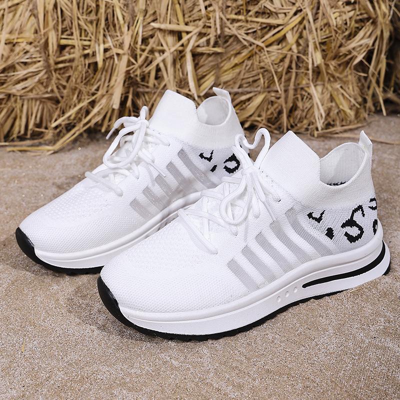 Fashion 2025 Hollow Out Breathable Sneakers Women Plus Size Printed Thick Sole Walking Shoes Woman Comfortable Knitted Flats Female