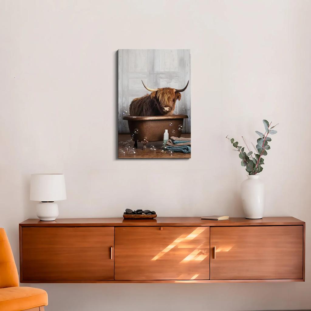 Highland Cow In The Tub Canvas Print Paintings Canvas Poster and Prints Wall Art Pictures for Hall Living Room Home Decor Mural