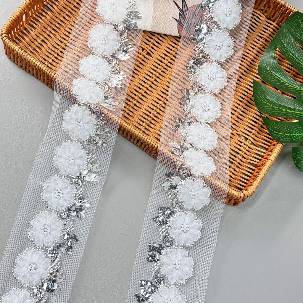 White Heavy Industry Woven Disc With Sequined Rice Beads Three-Dimensional Lace Clothing Hanfu Wedding Accessories