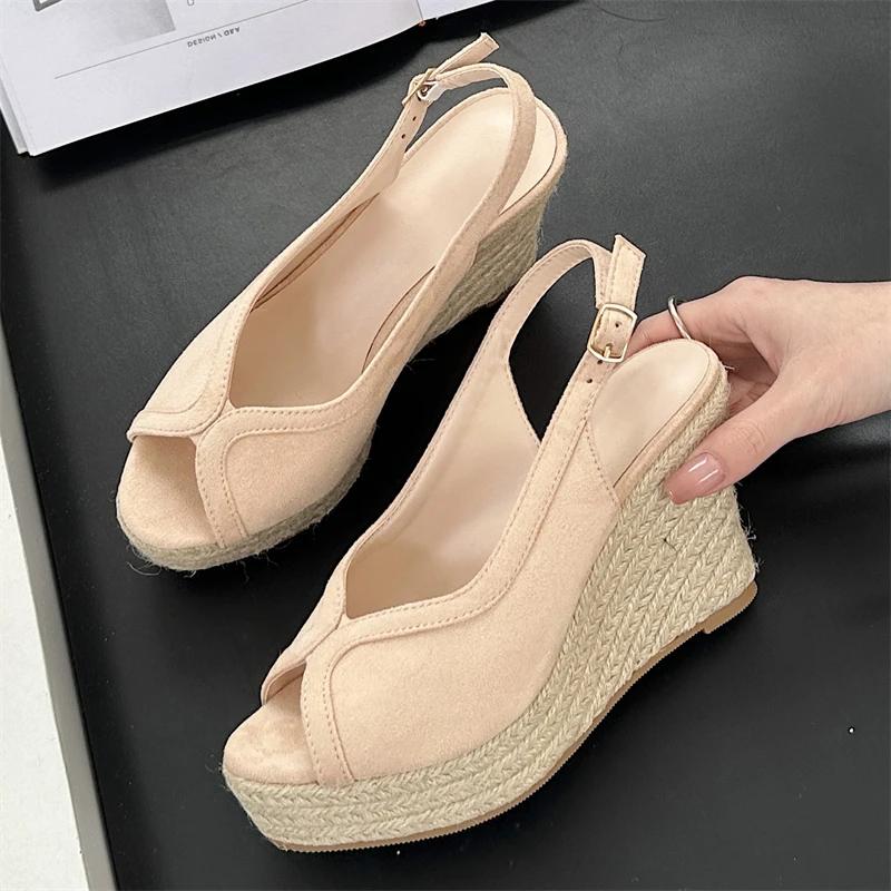 

Fashion Eilyken 2025 New Summer Rattan Weave Peep Toe Women Sandals Fashion Buckle Strap Platform Wedges Heels Shoes 35