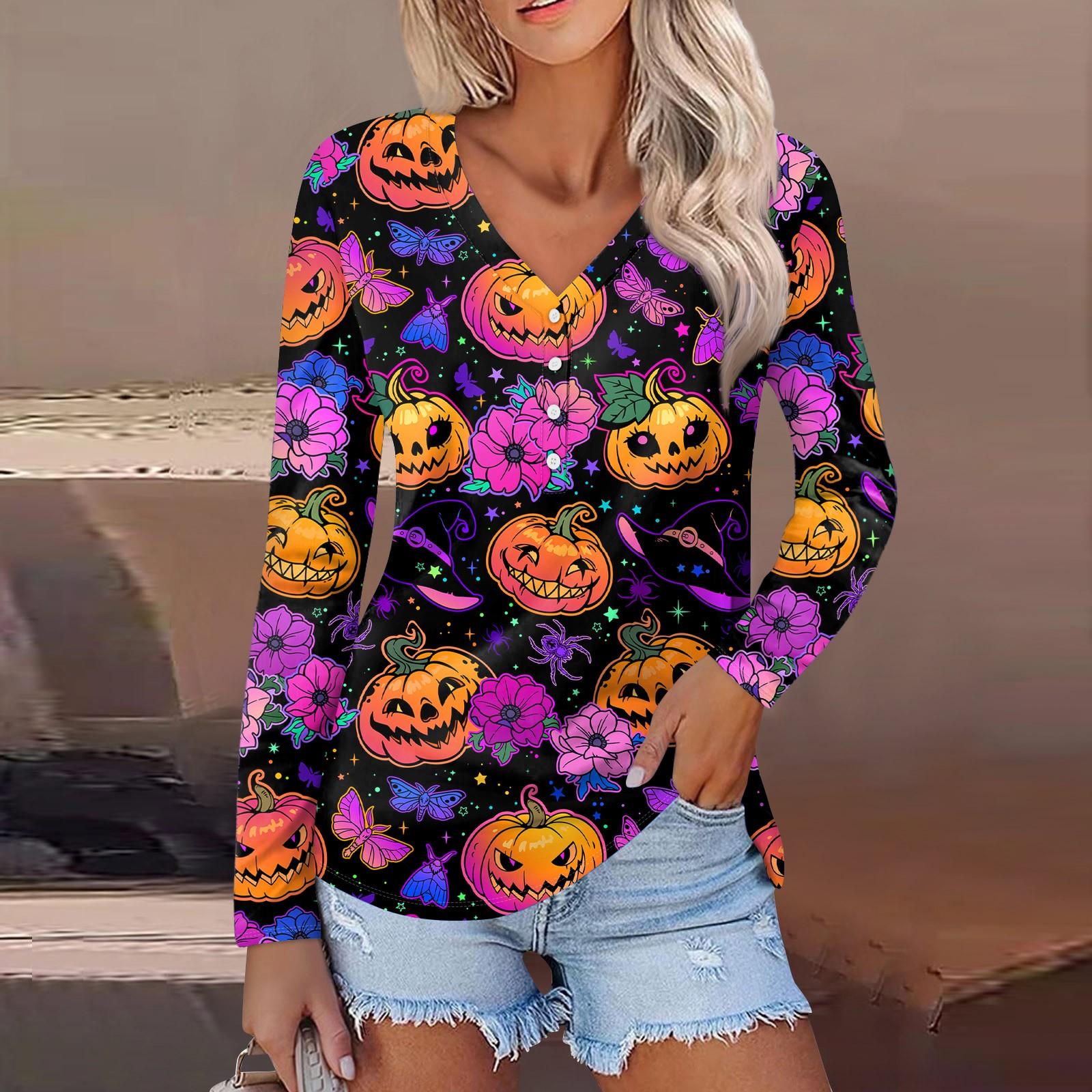 

Женская повседневная мода, сексуальный комфорт, Хэллоуин с принтом и v-образным вырезом, пуговицы, длинный рукав S тёмно-синий