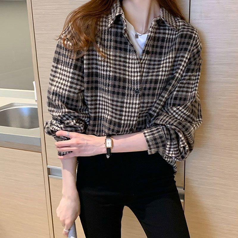 Damen Verdicktes Gebürstetes Karoshirt: Lockere Passform im koreanischen Stil, figurschmeichelnde Langarmbluse für Herbst und Frühling.