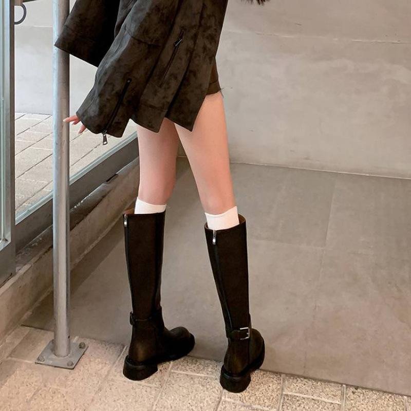 

Женские кожаные ботинки на среднем каблуке, кожаные, большого размера, с задней молнией, на толстой подошве, нескользящие, с высоким голенищем, универсальные ботинки Мартин для осени и зимы 40 чёрный