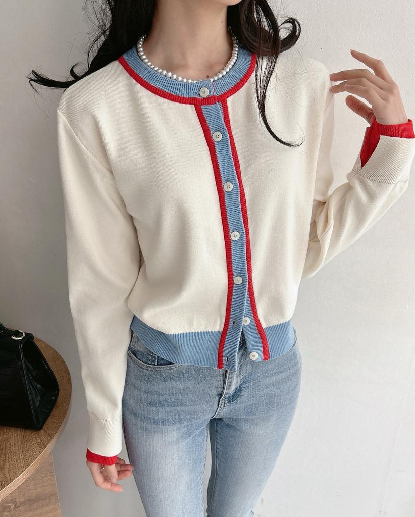 Coin Spring Color Block Round Neck Knit Cardigan