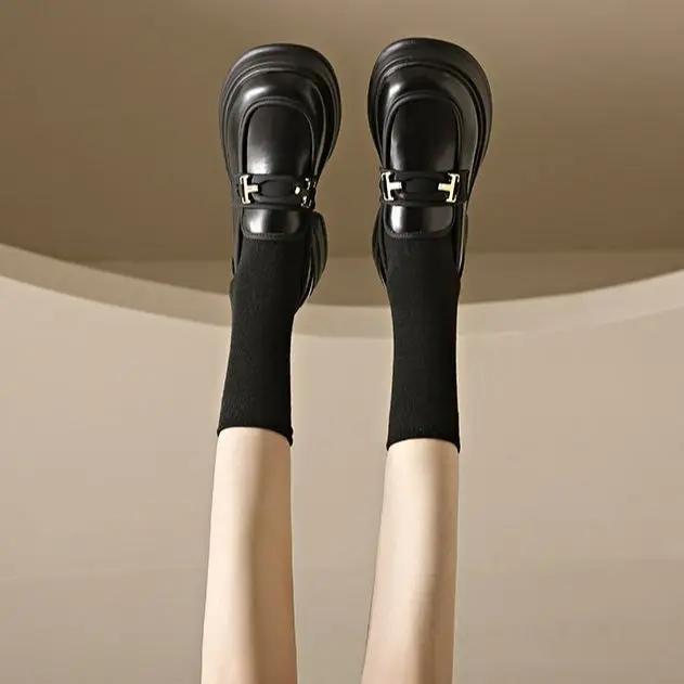 2024 New Mary Jane Thick Soled British Style Small Leather Shoes Loafers Women's Casual Fashion All Soft Soled Women's Shoes