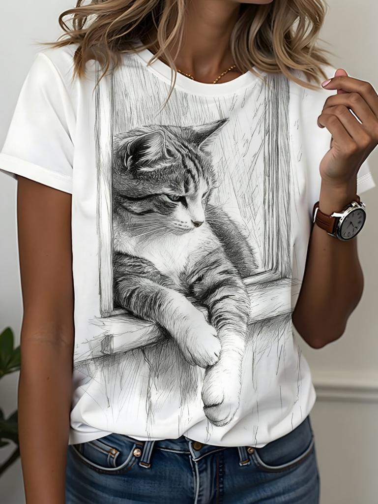 Funny Women's Cat Graphics T-Shirt Cute 3D Print Tees Fashion Tops Short Sleeves O-Neck T-Shirts Street Summer Woman Clothing
