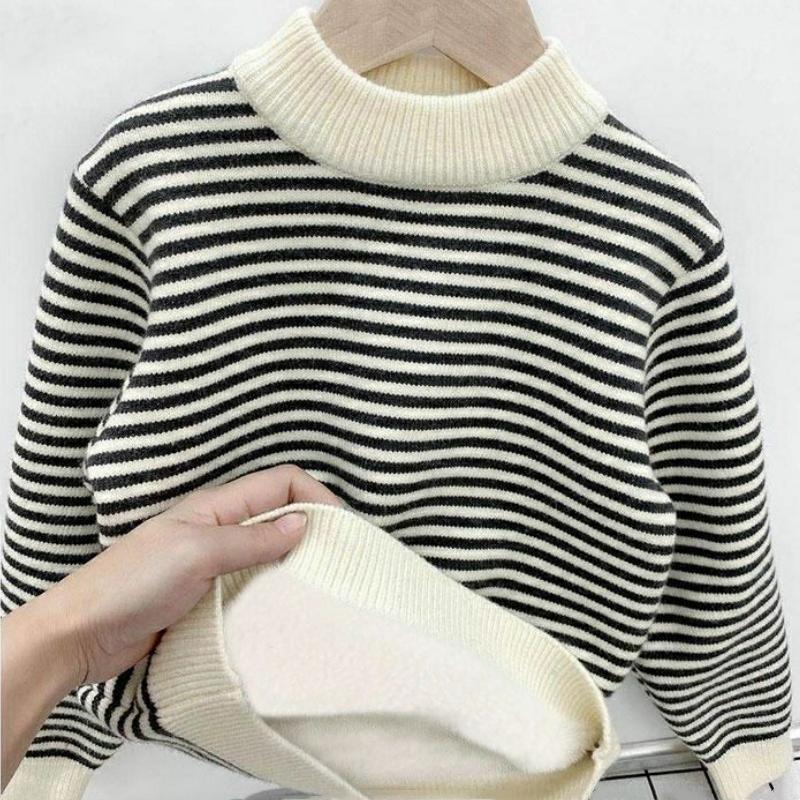 Boys' Sweater Thickened Autumn Winter New Fashionable Versatile Boys' Striped Knitted Sweater Children's Top