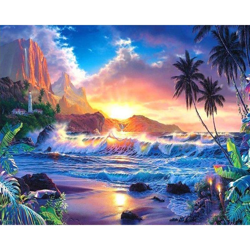 5D Diamond Painting Landscape Sunset Sea Cross Stitch Full Round Diamond Mosaic Home Decoration DIY Handmade