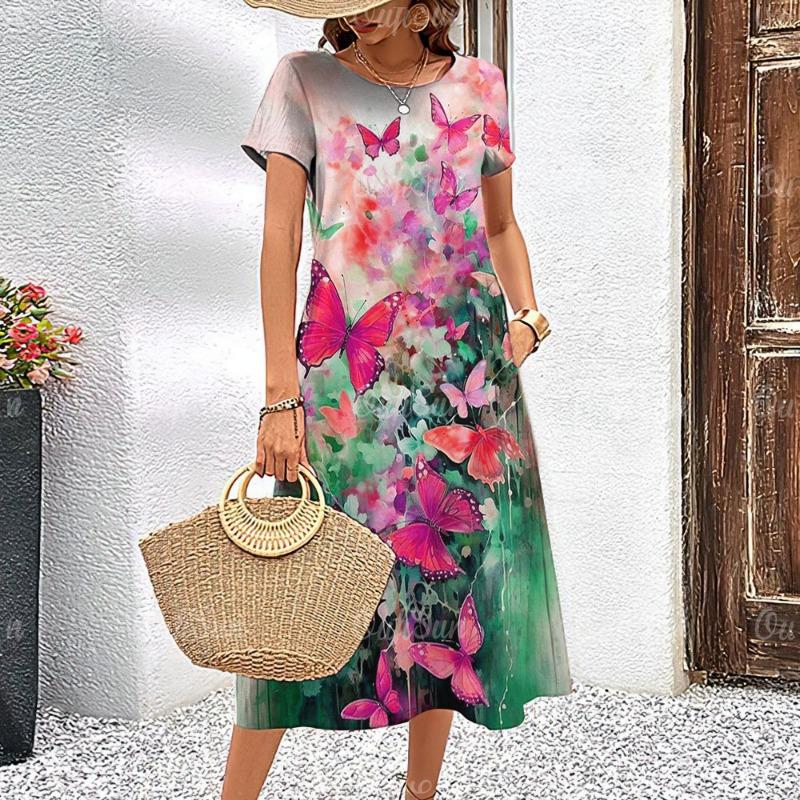 Women's Dresses Elegant Floral Printed Summer Vacation Midi Dresses Feamle Short Sleeve Dress Fashion Oversized Clothes