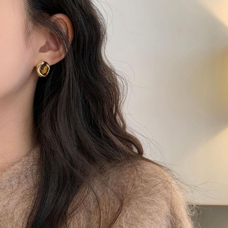 Trendy Tigers Eye Stone Metal Earrings For Women Lightweight Hypoallergenically Jewelry Ear Accessories Gift
