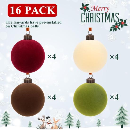16Pcs Velvet Christmas Ornaments 6/8cm Flocked Ball Set Elegant Xmas Tree Decorations for Festive Atmosphere