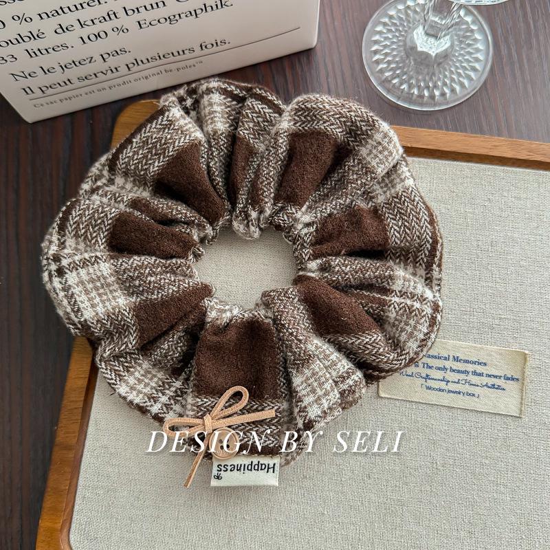 Korean Style Plaid Bow Hair Tie - Plush Three-Color College Style Accessory