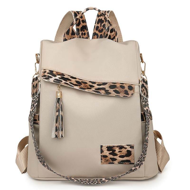 Nylon Leopard Print Women's Anti-theft Backpack Tassel Large Capacity Color Contrast Travel Backpack