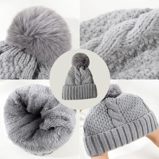 Women Fall Winter Hat Thickened Knitted Soft Elastic Warm Anti-slip Ear Protection Plush Ball Decor Twisted Pattern Outdoor Beanie Cap