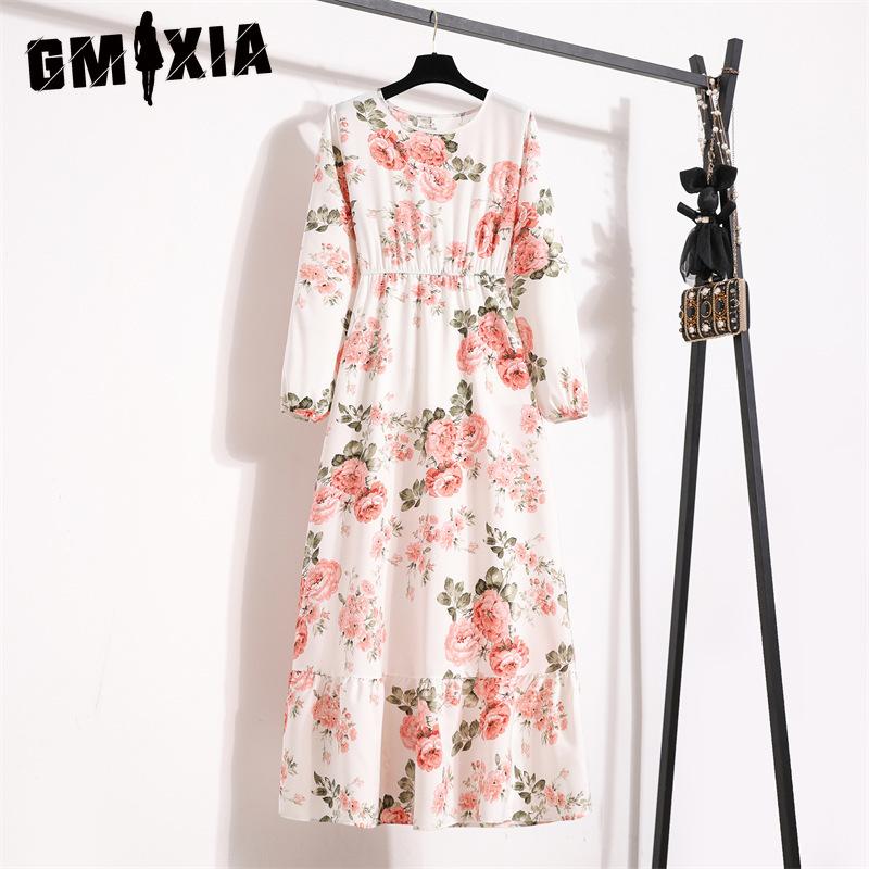GMXIA 25 Colors Spring Women Maxi Dresses Casual Long Sleeve Floral Print O-Neck Ladies Long Dress Bohe Beach Party Mujer Vestidos Muslim Dress