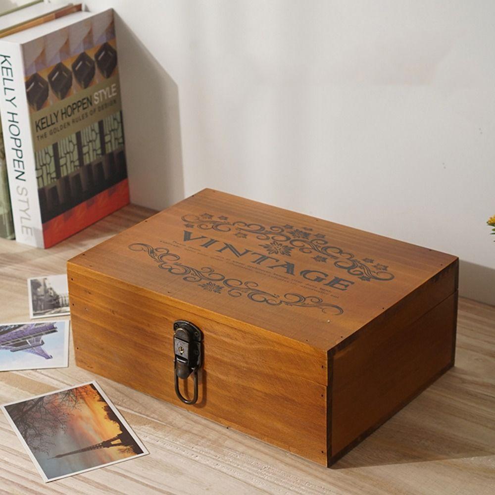 Large Capacity Wooden Storage Box Vintage Exquisite Cosmetics Box Multi-function with Lock Storage Case Travel