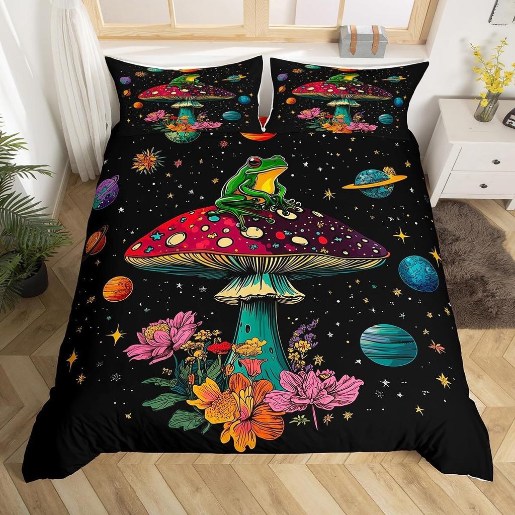 Kawaii Frog Print Duvet Cover Frog Mushrooms Comforter Cover Botanical Mushroom Twin Queen Bedding Set For Girl Teen Room Decor