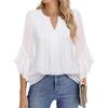 Top cu mâneci trei sferturi tip frunză de lotus, culoare uni, la modă, casual, larg, cu decolteu în V, cămăși de afaceri din șifon, bluze și cămăși de damă