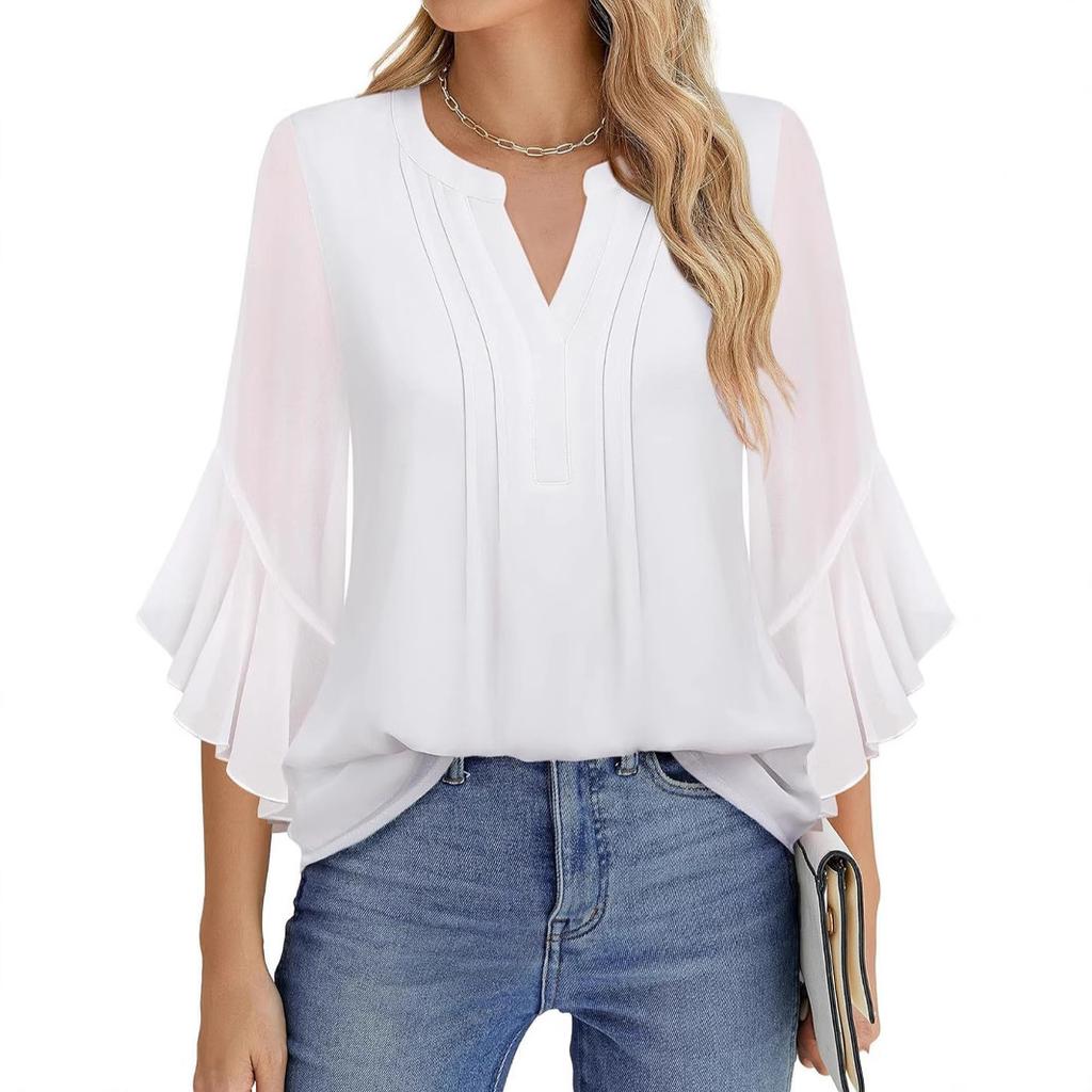 Top s rukávy sedm osmin z lotosového listu, jednobarevný, módní, ležérní, volný výstřih do V, businessové šifonové košile, dámské halenky a košile