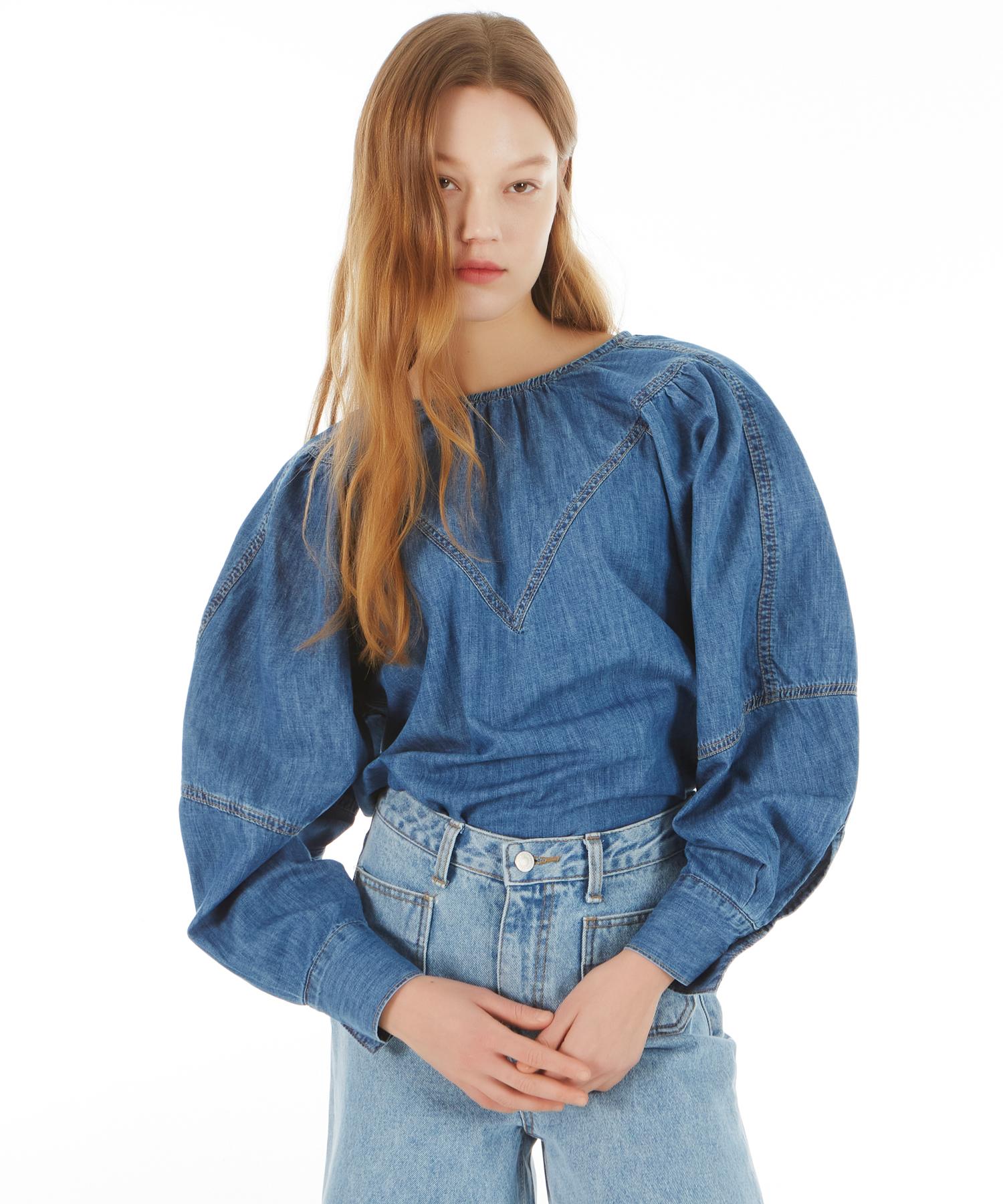 Unknown Planet V-Cut Balloon Sleeve Denim Blouse Blue Medium Blue/Size