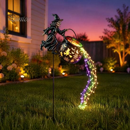 Halloween Garden Decorations Witch Cauldron Yard Light, Flying Silhouette Stake with Colorful Glowing Art for LED, Spooky Outdoor Decorative