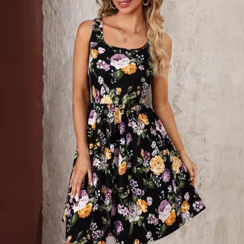 2024 Dámské šaty bez rukávů s potiskem a kulatým výstřihem