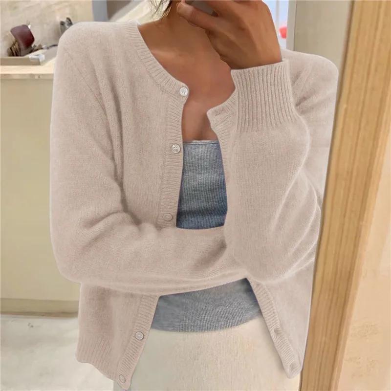 Cardigan lavorato a maglia tinta unita per donna, coreano, monopetto, a maniche lunghe, con scollo rotondo, coordinato, cardigan da donna