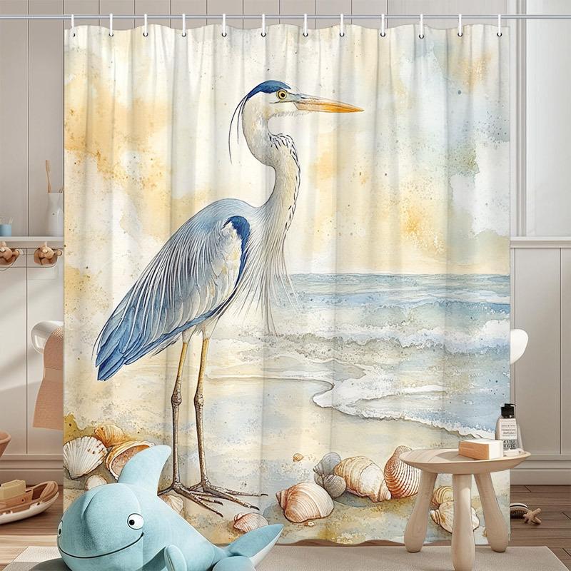 1Pc Polyester Shower Curtain - Realistic Coastal Heron Beach Scene, Soft Pastel Horizon, Machine Washable, Woven, 12 Hooks