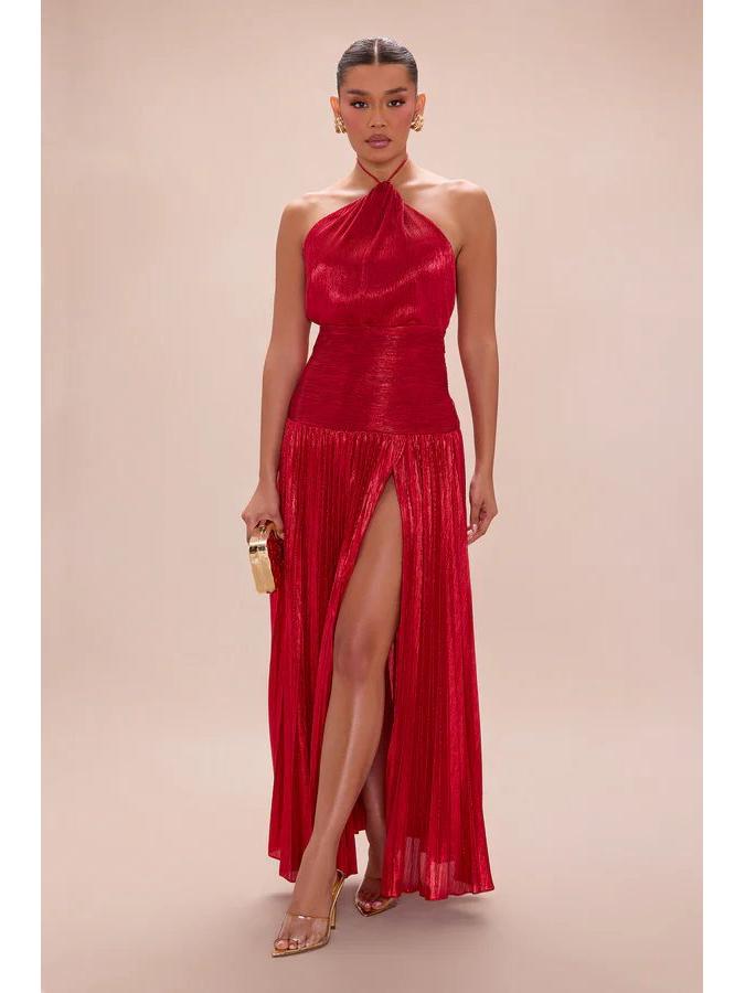 European and American Women's Metallic Pleated Slit Halter Dress Sleeveless Backless Lace-Up 8155