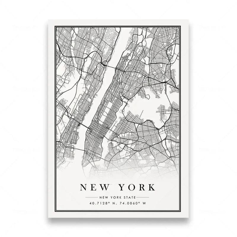 Modern Retro Black White New York City Map Wall Art HD Canvas Print for Living Room Bedroom Decor Stylish Urban Landscape Pos