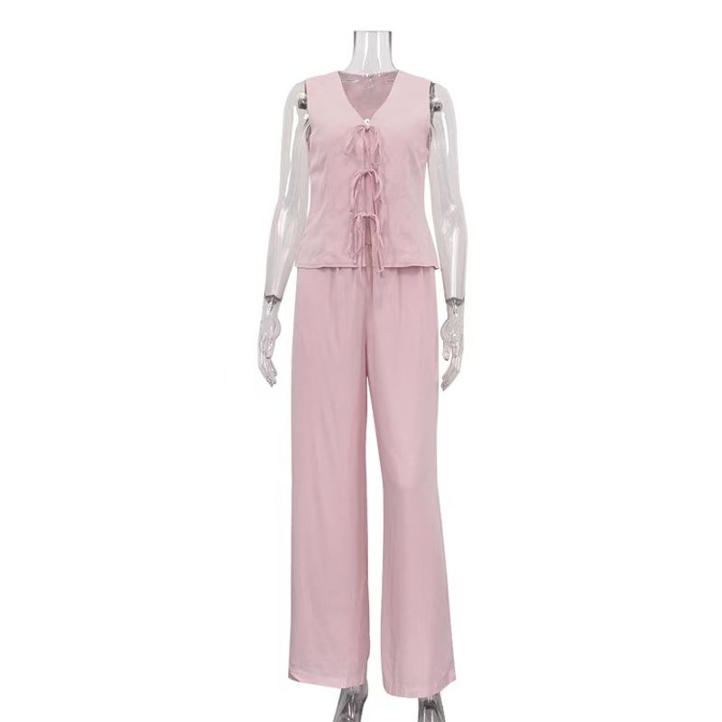 

Fashion Wind Fashion Casual Lace up Vest Top and Trousers Two-piece Set Strap Vest and Pants Set Pink L