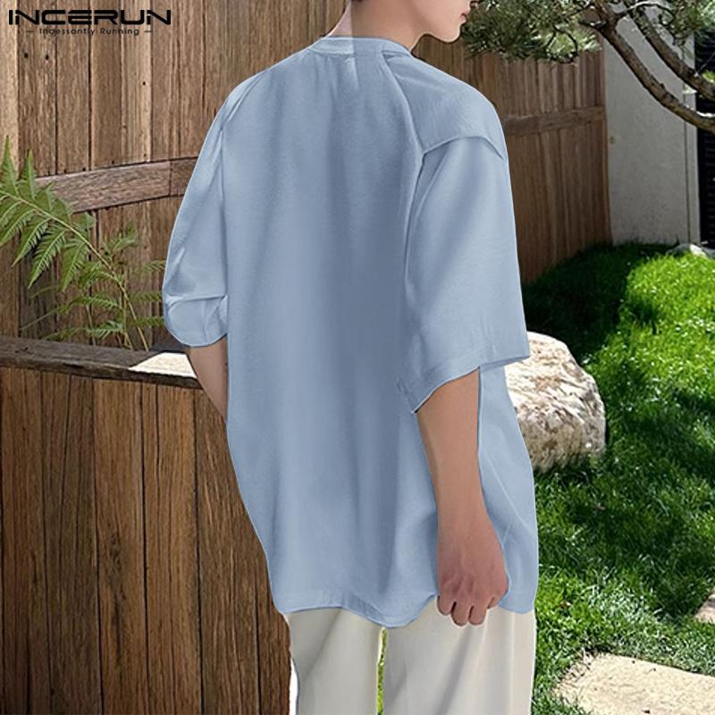 INCERUN Men Round Neck Tie Up Short Sleeve Solid Color Casual Loose Summer T-shirts