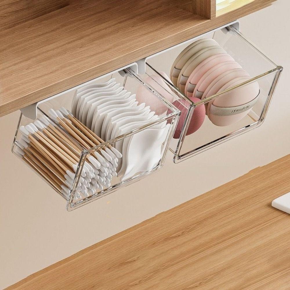 Transparent Under Desk Drawer Organizer Plastic Makeup Storage Container Qtip Holder Office