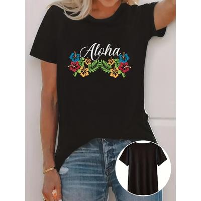 Women's Hawaiian Hibiscus Flower Print Tee Crew Neck Short Sleeve Summer Casual Top