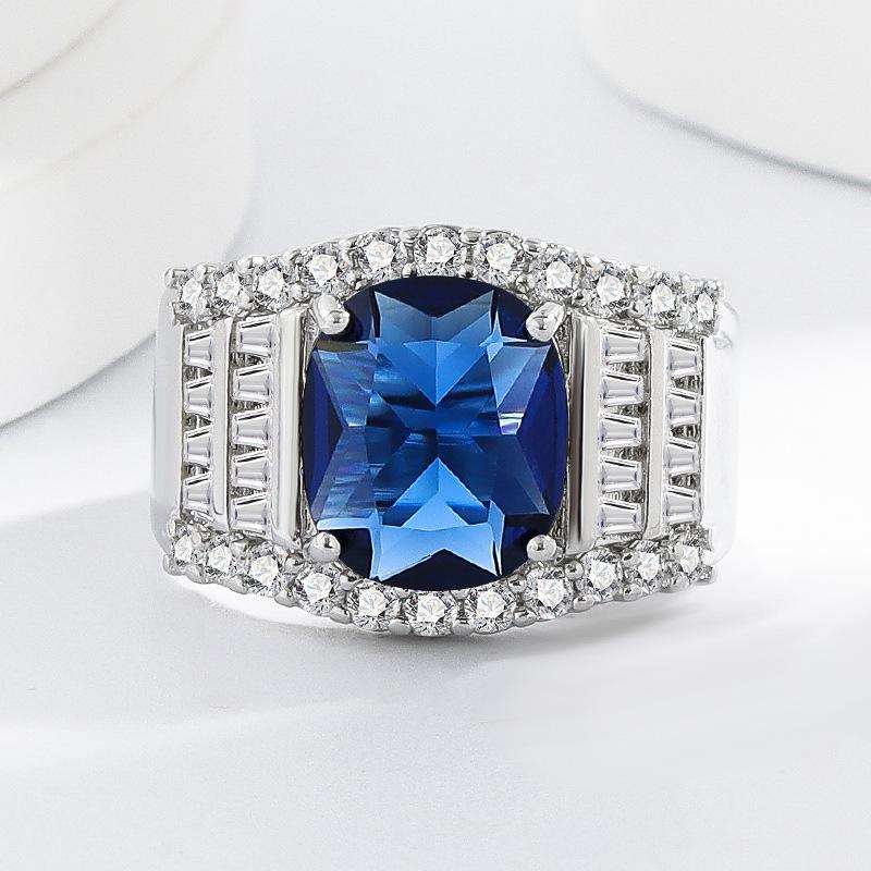 Domineering Micro-set Diamond Men's Ring Imitation Natural Sapphire Ring Men's Ring Strength Silver Jewelry
