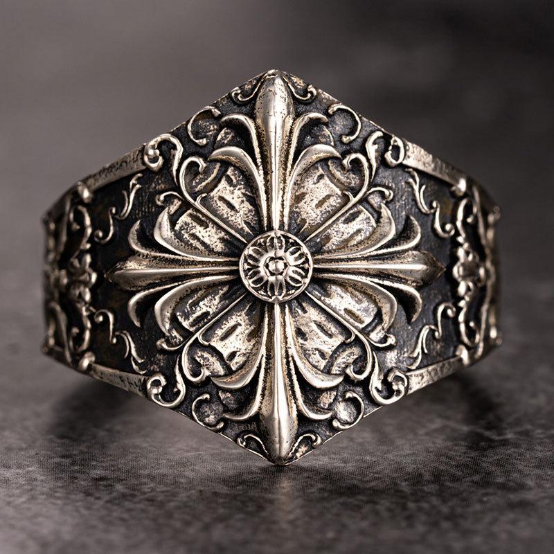 Thai Silver Iris Ring Baroque Engraved Jewelry Single Personality Trendy Man Opening Adjustment Tail Ring
