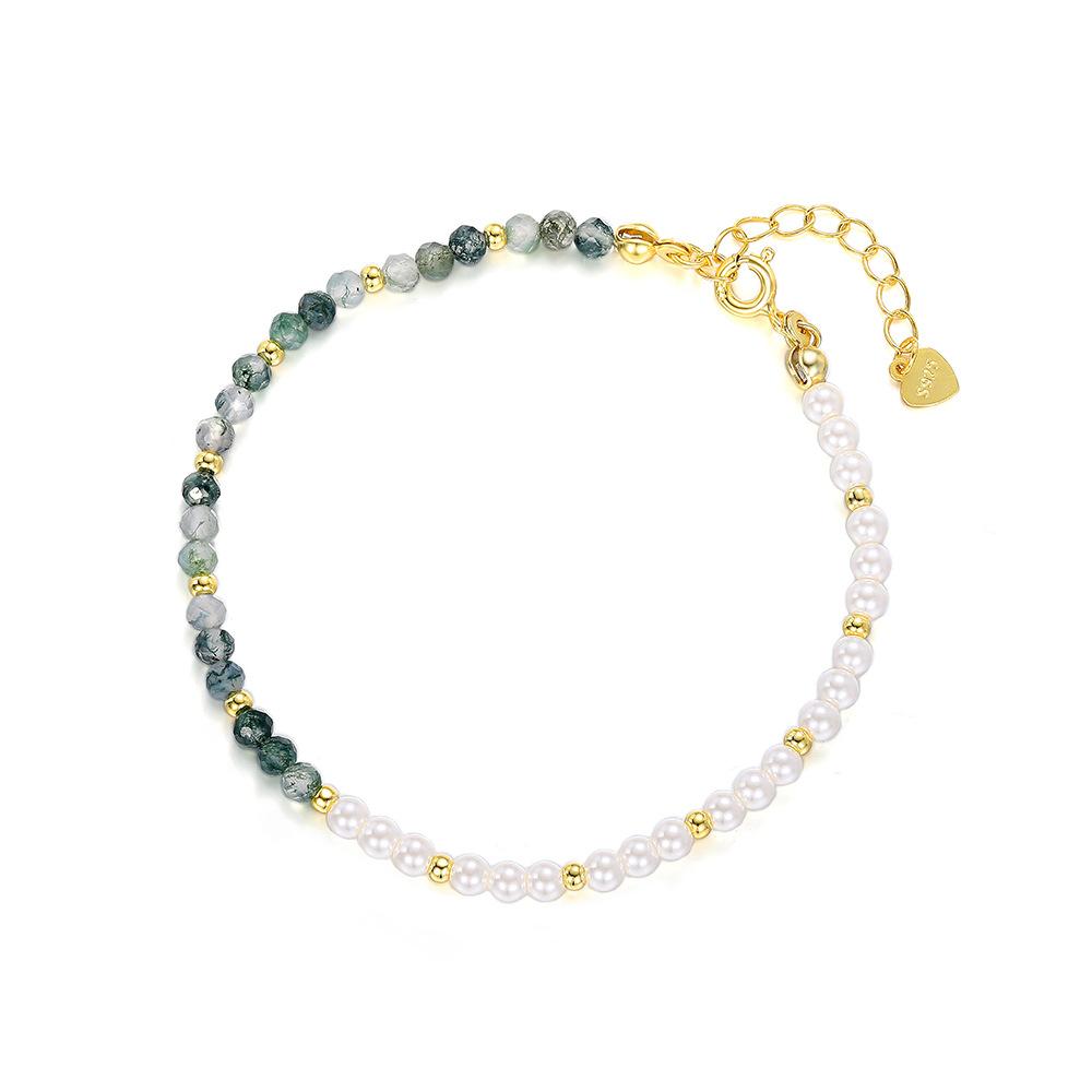 S925 Sterling Silver Natural Water Grass Agate Glass Pearl Bracelet Women s Exquisite Design Temperament Fashion Jewelry золотой