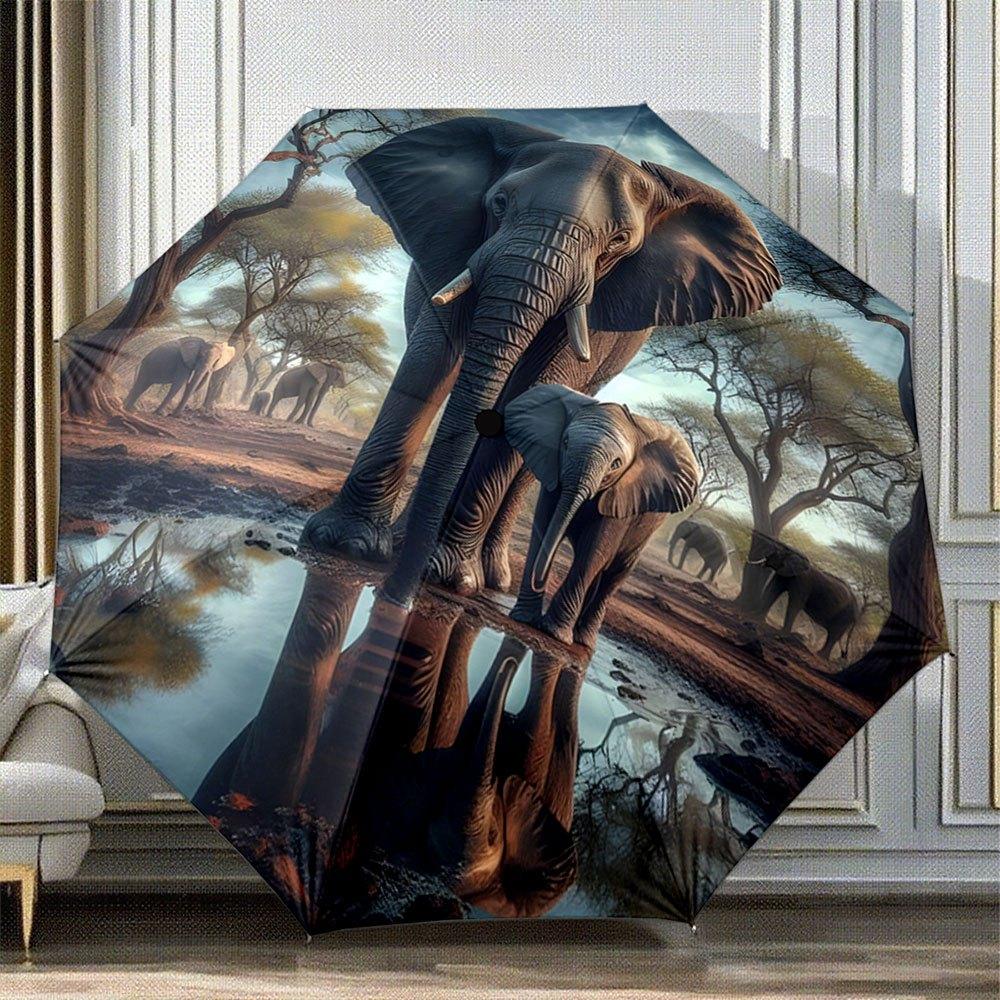 

Automatic Folding Umbrella Elephants near a reflective waterhole in a savanna setting. Portable collapsible design, casual out