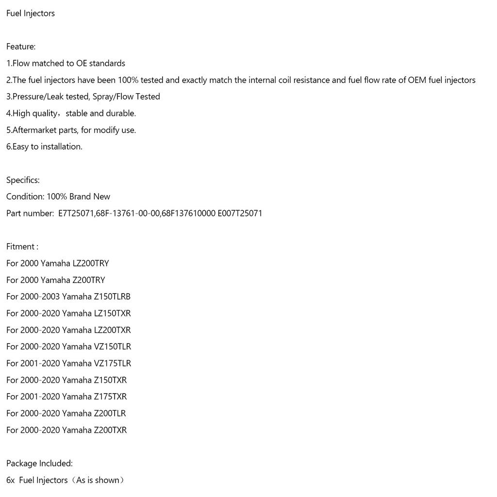 6PCS 68F-13761-00-00 Fuel Injectors For Yamaha Outboard HPDI 150-200 HP E7T05071