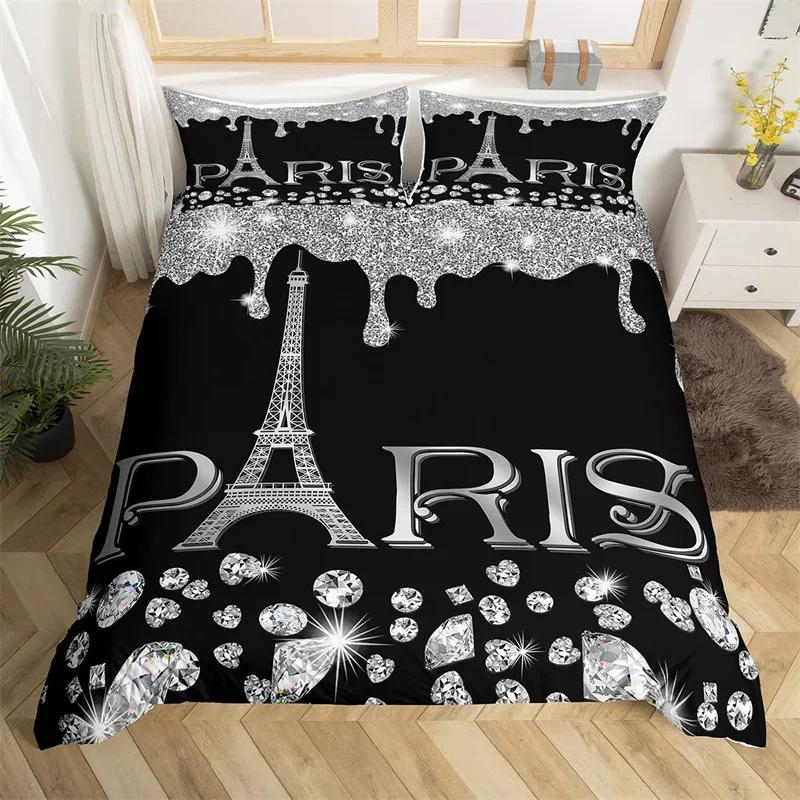 Paris Duvet Cover Set Eiffel Tower Bedding Set Queen Polyester Romantic French Flower Quilt Cover For Girl Teen Women Room Decor