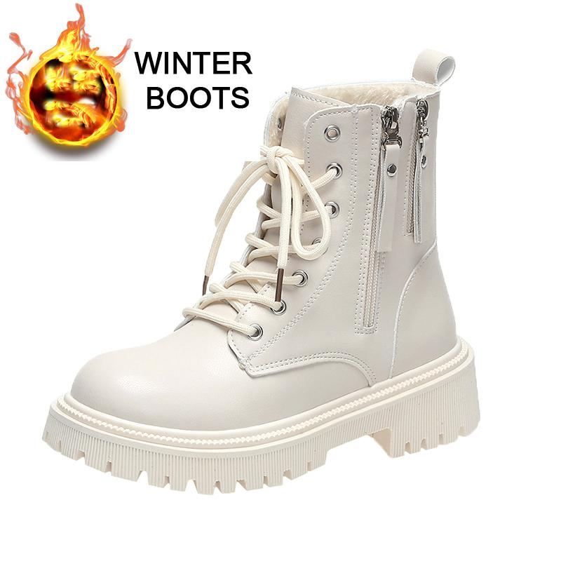 Women’s Winter Boots Casual Short Motorcycle Boots Girl Fashion Street Style Black Warm Ankle Boots with Fur Plus Size