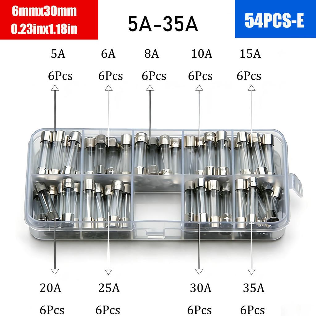 Car Fast-Blow Glass Tube Fuses 0.1A~35A Quick Blow Car Glass Tube Fuses Assorted Kit for Car Light Inflator