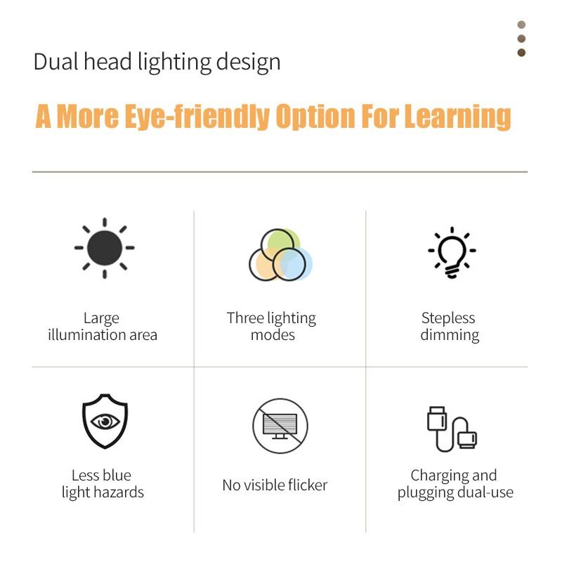 USB Rechargeable Table Lamp Adjustable Brightness Eye Protection Desk Light Touch Dimming Table Light LED Double-Head Desk Lamp With Holder