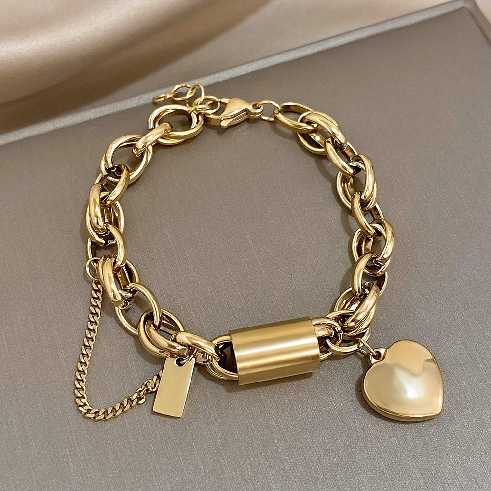 

Heart Lock Stainless Steel Charm Bracelet Chunky Gold Plated Chain Love Bracelets for Women Valentine Gift