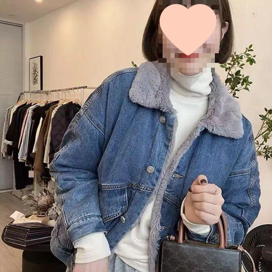 Hong Kong Style Women's Loose Denim Jacket - New Year Edition Single-Breasted, Long Sleeve, Plus Velvet Thickened.