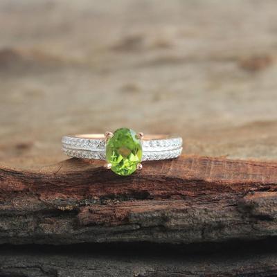 Peridot-Zirkon-Ring, rosévergoldet, 100 % 925er Sterlingsilber, Damenschmuck, Geburtssteinring
