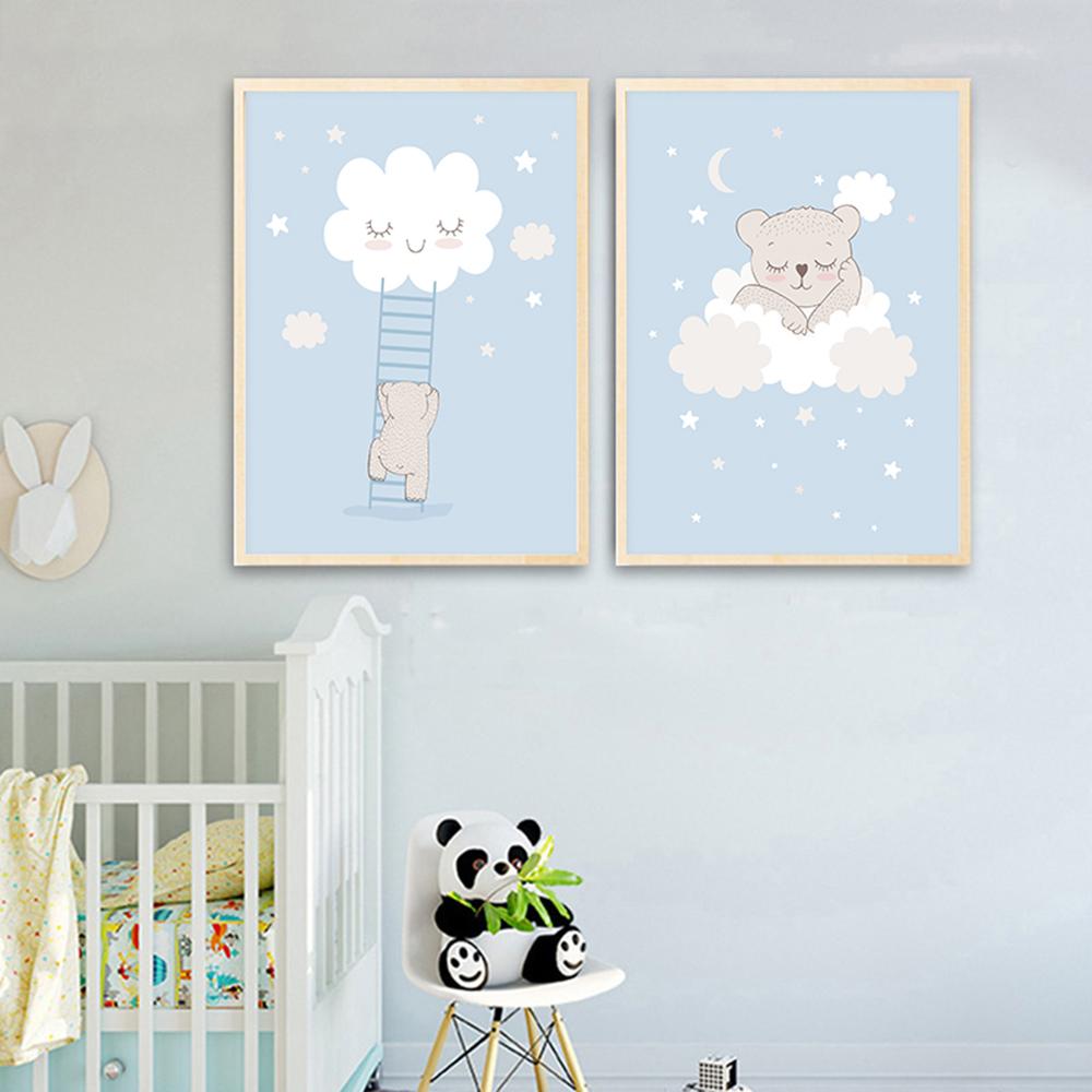 Cute Little Bear Cloud Stars Nursery Wall Art Child Poster Print