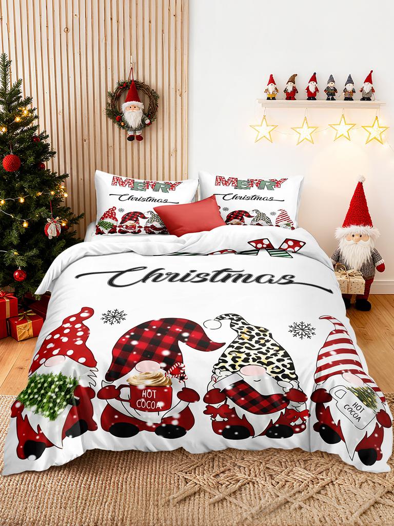 3pcs/set Christmas Reindeer Snowman Bedding Set Includes 1 Duvet Cover And 2 Pillowcases Soft And Skin-Friendly